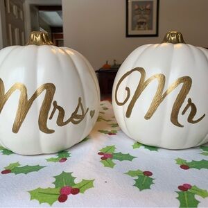 White and Gold Mr. and Mrs. Decorative Pumpkins Autumn Wedding Décor